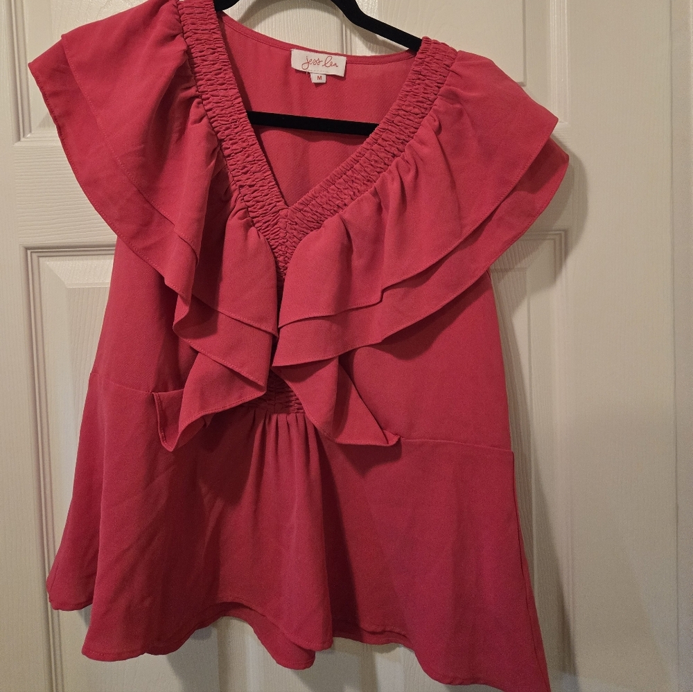 Elegant Fuchsia Ruffled V-Neck Blouse - Picture 5 of 7